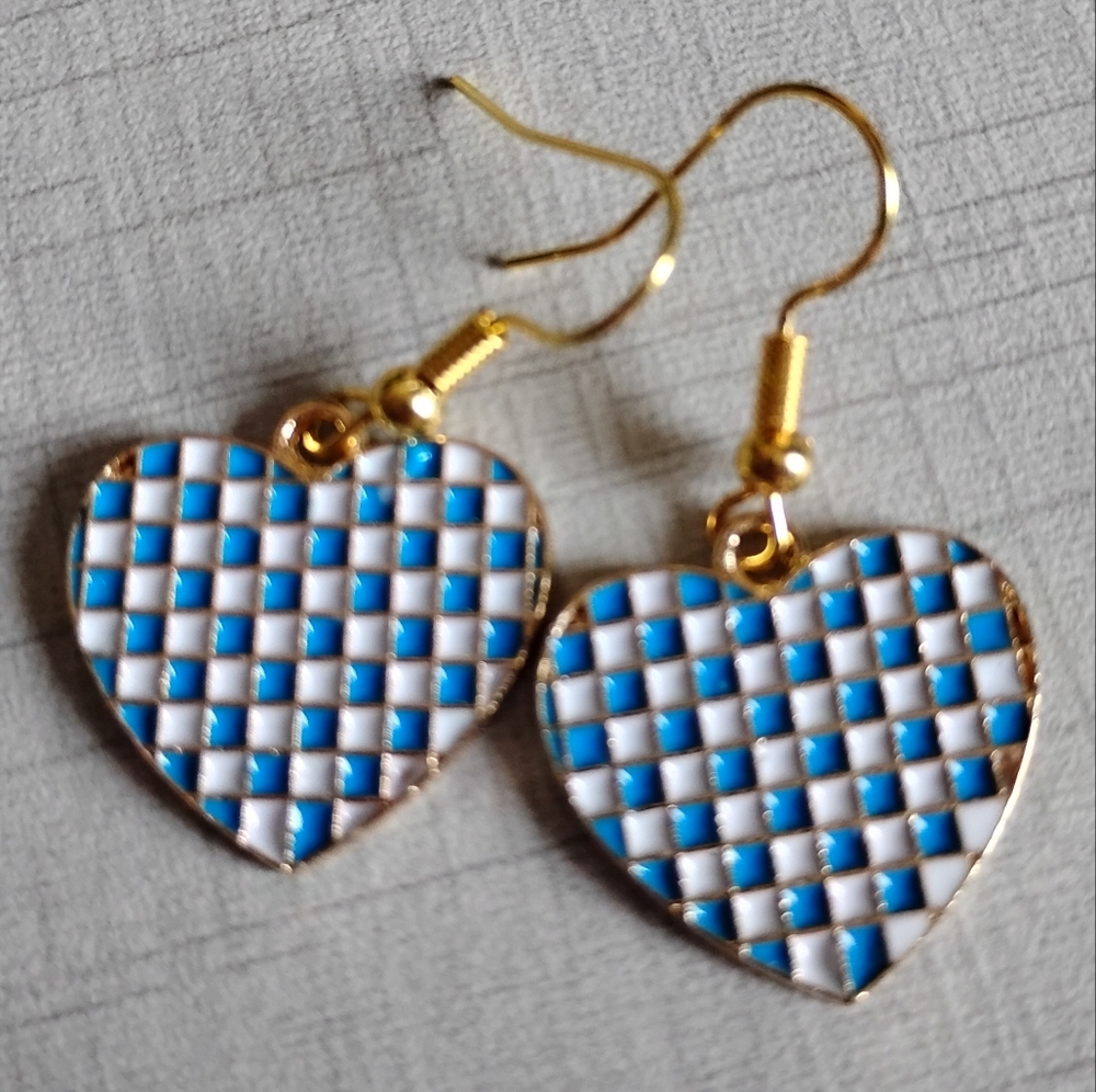 Blue Checker Heart Oktoberfest German Earrings 18k Gold Plated Nickel Free Hooks